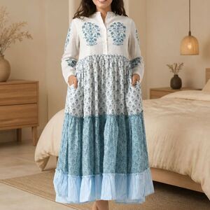 Cotton Tiered Full Sleeve Button Down Block Print Maxi Dress w/ Pockets Sz Small